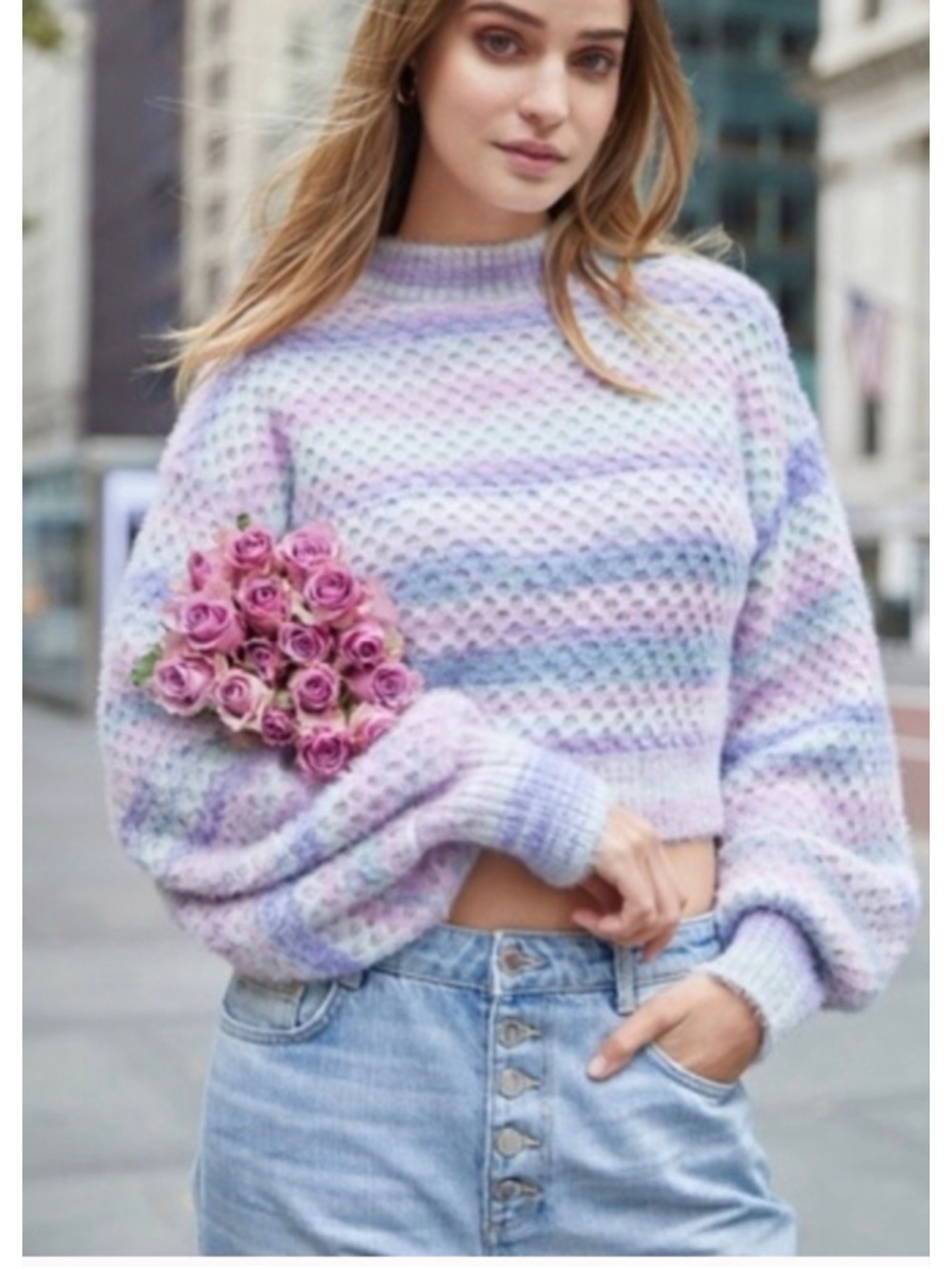 NWOT For Love & Lemons Lavender Multicolor Crew Neck Sweater S